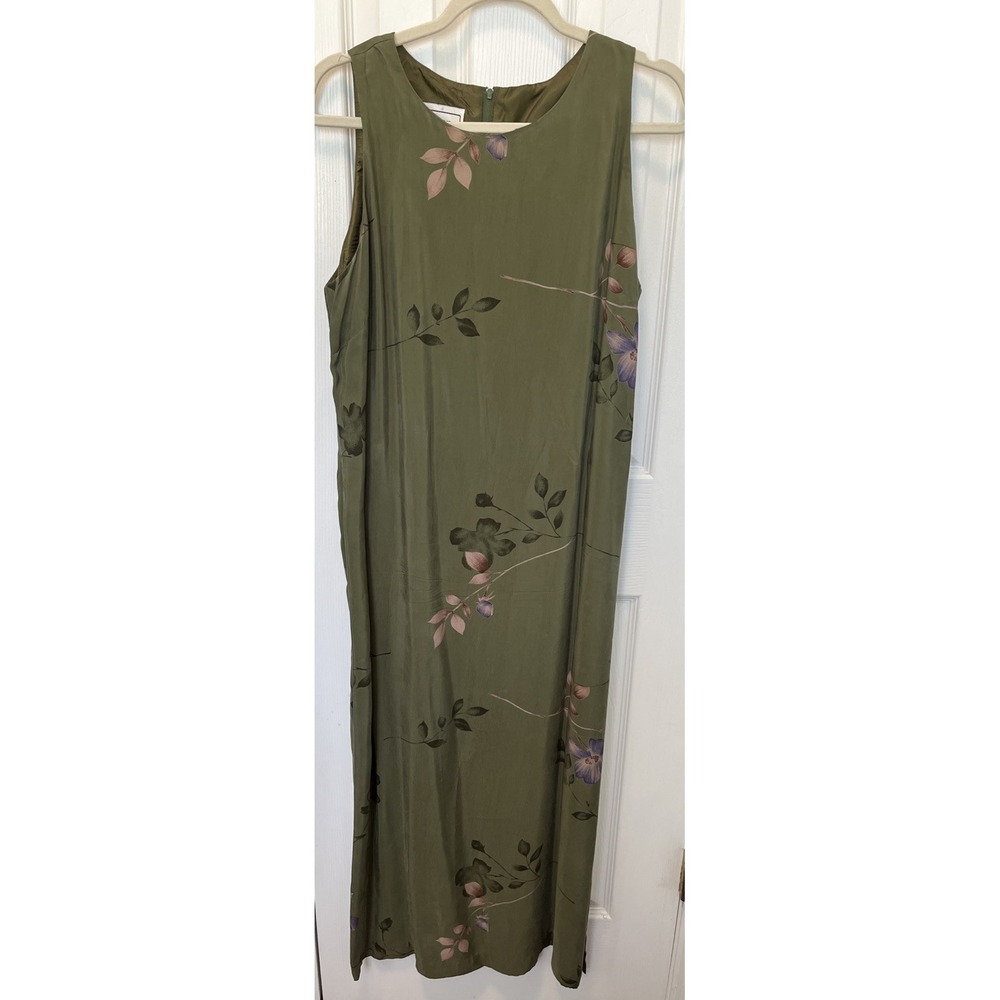 Vintage 80s 90s Karin Stevens Dress Womens 14 Green Floral Cottagecore Maxi